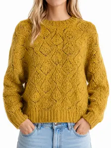Mustard Open-Knit Sweater – Textured Diamond Crewneck Pullover