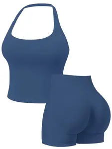 Seamless Workout Sets for Women, Halter Tank Top & Gym Scrunched Shorts Sports Set, Activewear Fitness, Sporty Breathable Quick Drying Outfits for Yoga Gym Workout Running, Ladies Sportswear for Summer