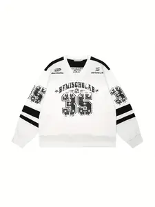 Men's Fall Fashion Letter Print Sweatshirt, Vintage Colorblock Tape Patchwork, Casual Sports Ball Jersey, New Trendy Style, Athletic Fashion Activewear, Casual Sporty Top, Athletic Tops