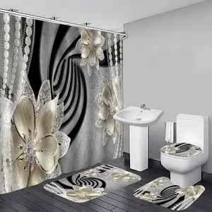 Floral Pattern Shower Curtain Set with 12pcs Hooks, 1/4 Counts Including Shower Curtain & Toilet Mat & Bathroom Mat & Toilet Lid Cover, Bathroom Decor Supplies, Shower Essentials, Bathroom Decoration Accessories