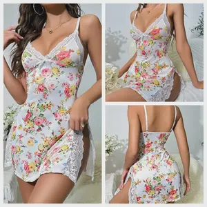 New Lady Floral See Through Sexy Slip Dress Mesh Cute Girls Sexy Nightwear Sleep Dress Lingerie Lace Suspension Dress Set