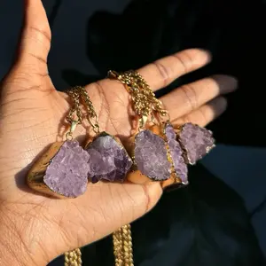 Amethyst Chunk Necklace 23” Stainless Steel Snake Chain Electroformed Crystal Elegant Versatile Gift Idea