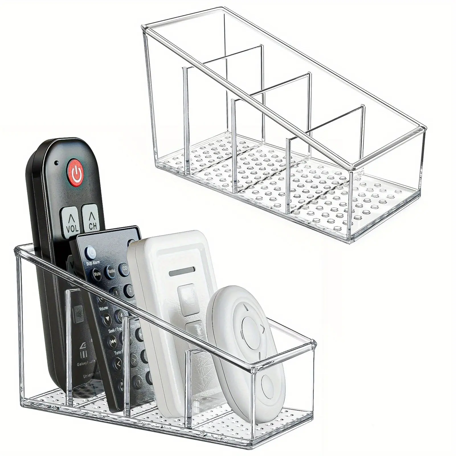 Remote Control Holder, Desk Organizer, Clear Plastic Desktop Organiser, 4 Compartment Makeup Brush Storage, Height Adjustable for Home & Office Use, Desktop Accessories