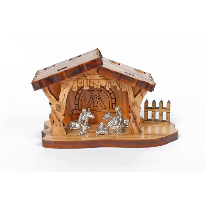 Olive Wood Nativity Scene_ Wooden Hut and Silver Oxide Figurines Decor Ornaments