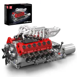 Mould King 10210 V12 Engine Motor Building Block Toy Construction Set for Kids 14+ with Red and Silver Design 1366 Pieces