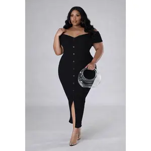 PLUS SIZE OFF SHOULDER BUTTON SLIT FRONT DRESS(BLACK)-34