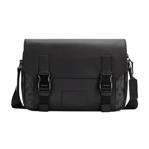 COACH Track 27 Adjustable Strap Patchwork Monogram Coated Canvas and Calfskin Crossbody Bag for Men in Black