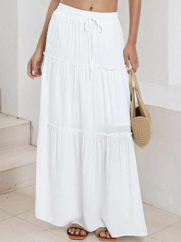 Long Skirts for Women Boho Maxi Skirt Summer Swing Tiered A-Line Elastic High Waist White  Skirt Fashion