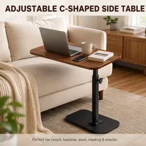 Adjustable C-Shaped Sofa Side Table, Height & Tilt Adjustable Bedside Laptop Desk, Walnut End Table for Couch, Bed, Small Spaces, Work & Reading