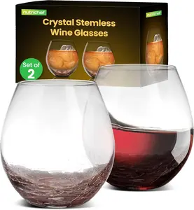 Stemless Wine Glasses 19oz - Set of 2 |  Hand Blown Crystal Glass with Flat-Foot Design- Shatter-Resistant & Dishwasher Safe - Everyday Use Kitchen Drinkware