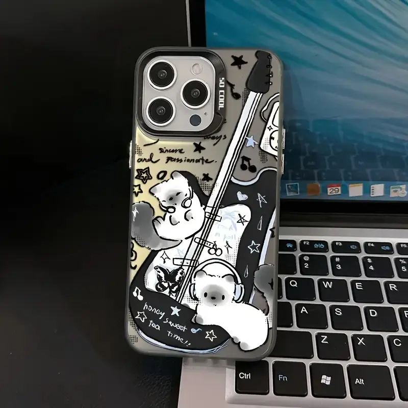 Cute Guitar Cat Pattern TPU Phone Case - Shockproof Matte Back, Compatible with iPhone 16,15,14,13,12,11 Pro Max,X,XR,XS Max,8,7 Plus