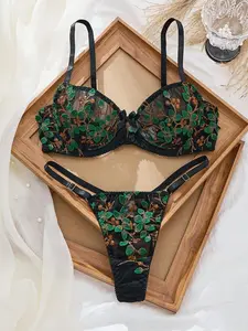 Seduluxe 2pcs Women Classic Dark Embroidery Underwire Push Up Bra & Panty Set, Adjustable Straps Floral Lingerie Set Push Up Lingerie Set Lingerie Set Multicolor Embroidered Lingerie Set Black And Green Lingerie Set