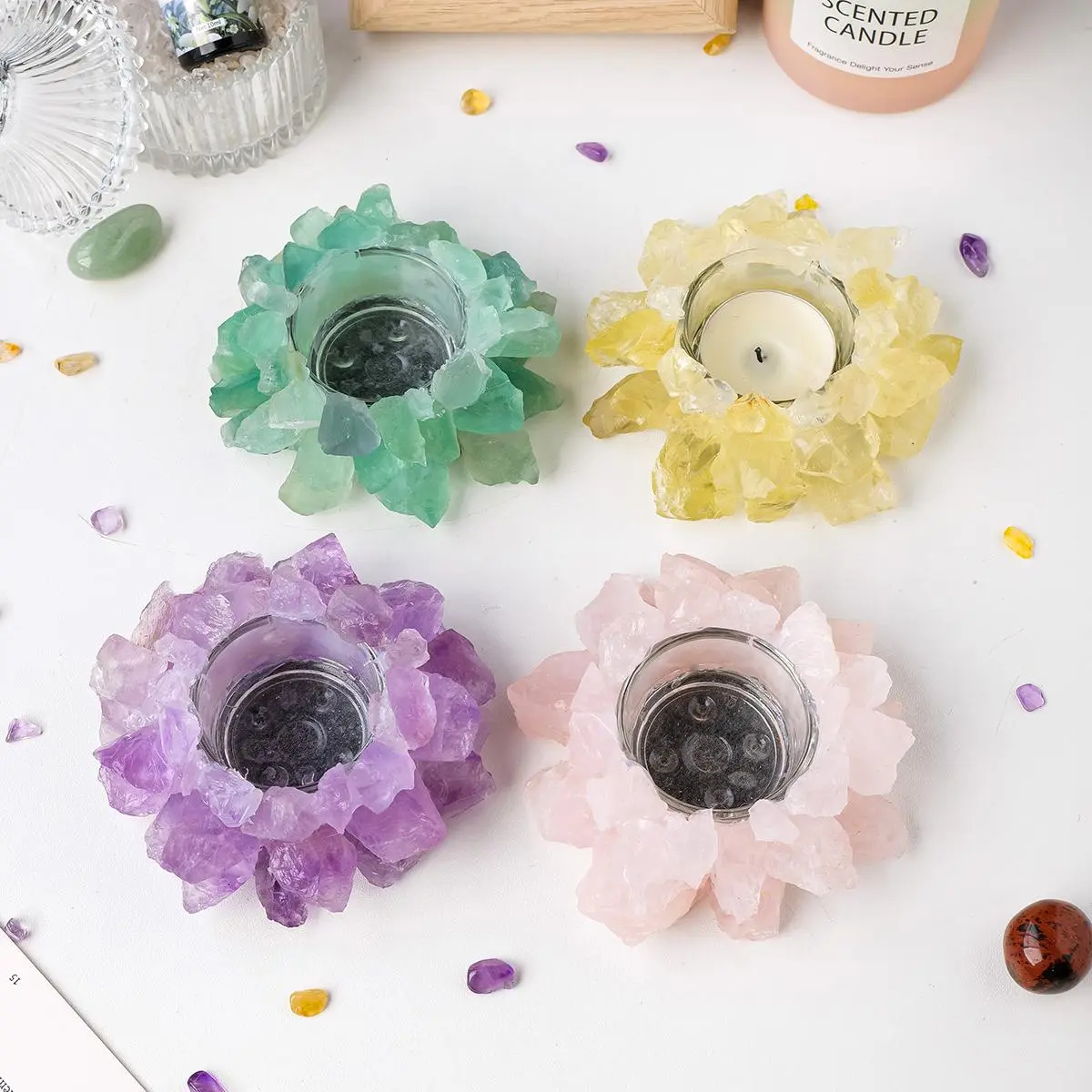 Natural Crystal Flower Shaped Candle Holder, Candle Stand, 1 Count Raw Gemstone Candlestick, Home Decor Candlesticks for Flower Design, Candle Parties, Ornaments, Halloween