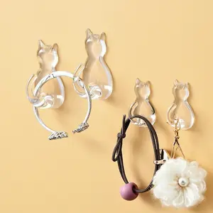 Set of 3 Adorable Clear Cat Hooks, No-Drill Wall Decor Hanger, Transparent Plastic Organizer Hook for Towels, Keys, Bags, Storage in ' Bathroom, Bedroom, And Kitchen, Utility Hooks