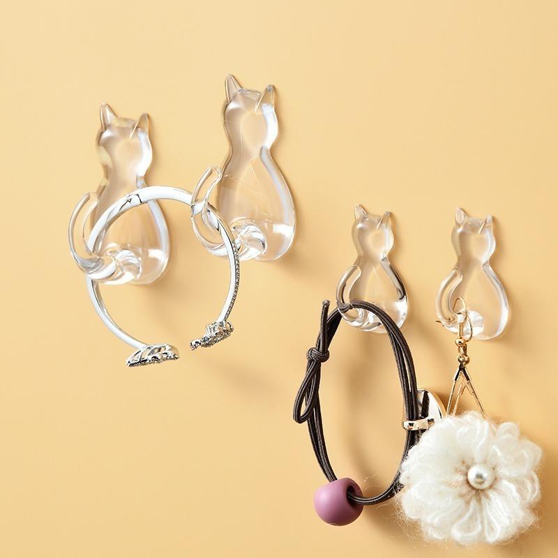 Set of 3 Adorable Clear Cat Hooks, No-Drill Wall Decor Hanger, Transparent Plastic Organizer Hook for Towels, Keys, Bags, Storage in ' Bathroom, Bedroom, And Kitchen, Utility Hooks