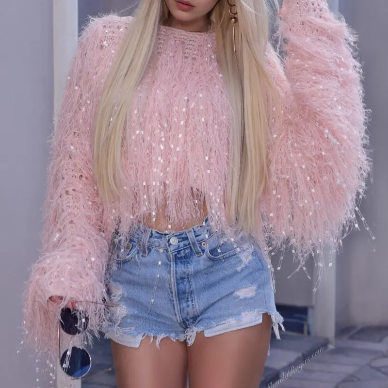 Women's Plain Tassel Trim Drop Shoulder Crop Sweater, Fashion Casual Chic Long Sleeve Boat Neck Jumper for Fall & Winter, Women's Knitwear for Daily Wear, Tops