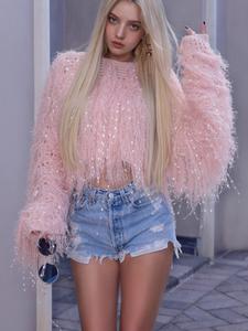 women's plain tassel trim drop shoulder crop sweater, fashion casual long sleeve boat neck jumper for fall & winter, women's knitwear for daily wear