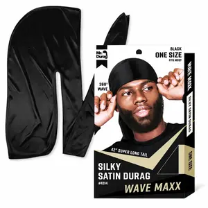Mr Durag Wave Maxx Silky Satin Durag Black  42 Inch Long Tail 360 Wave Cap 4313