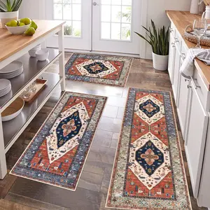 Kitchen Rugs Sets of 3 Non Slip Washable Kitchen Mats for Floor Farmhouse Kitchen Floor Mat Runner Rug Boho Kitchen Sink Rug Carpet for Kitchen Hallway Laundry Room, Rust