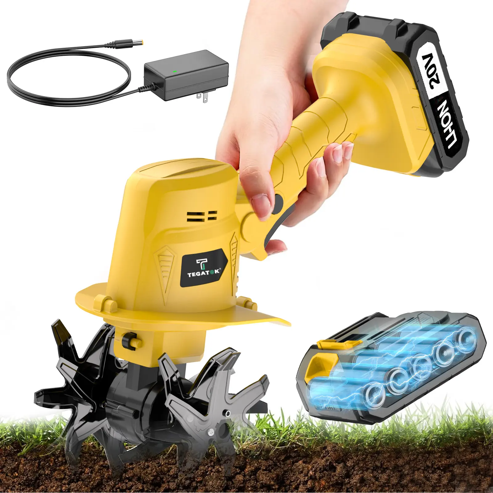 20v Electric Cordless Tiller, Handheld Soil Tiller, 235RPM,5-Inch Tillage Width, 4-Inch Tillage Depth, Suitable for Weeding, Loosening Soil, Tilling, Ditching, and Mowing.