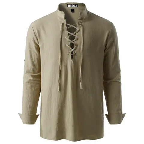 ZEROYAA Men's Medieval Vintage Long Sleeve Lace Up Shirt Renaissance Costume for Halloween Viking Pirate Cosplay Casual Menswear Funny Shirts Cotton High Quality Beige V-Neck Banded Collar Roll-up Sleeves Clothing
