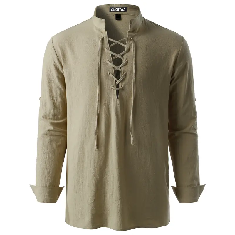 ZEROYAA Men's Medieval Vintage Long Sleeve Lace Up Shirt Renaissance Costume for Halloween Viking Pirate Cosplay Casual Menswear Funny Shirts Cotton High Quality Beige V-Neck Banded Collar Roll-up Sleeves Clothing,sohochic