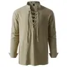 ZEROYAA Men's Medieval Vintage Long Sleeve Lace Up Shirt Renaissance Costume for Halloween Viking Pirate Cosplay Casual Menswear Funny Shirts Cotton High Quality Beige V-Neck Banded Collar Roll-up Sleeves Clothing