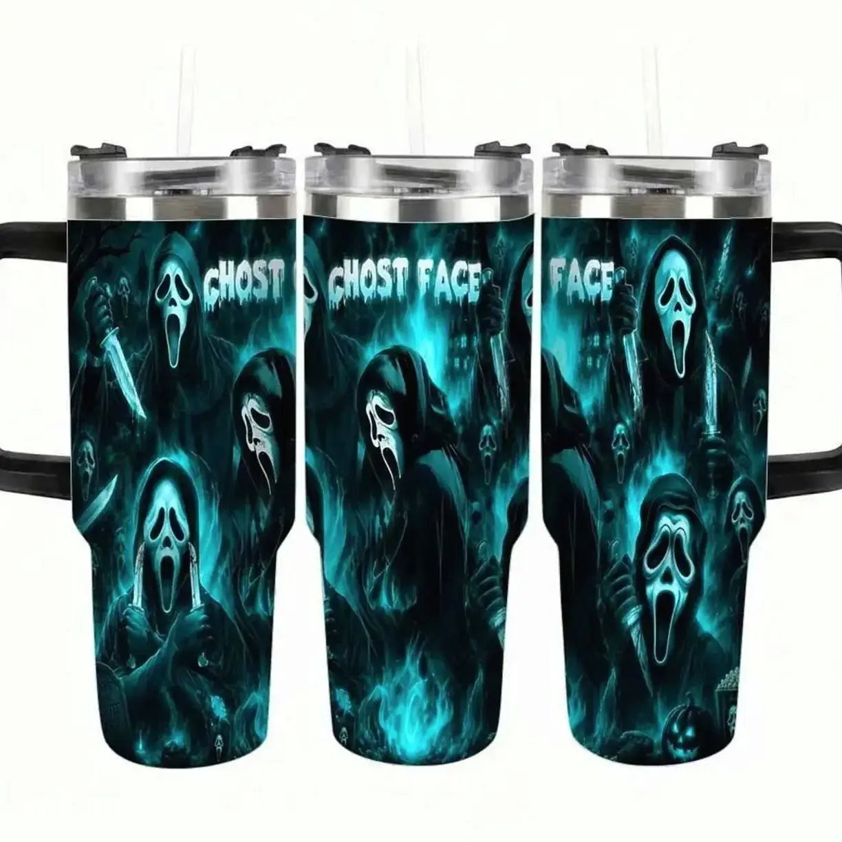 Scream Horror Movie Insulated Stainless Steel Tumbler - 40oz Blue Ghost Face Pattern Leakproof Spill-Resistant Travel Mug for Halloween Party, Daily Commute