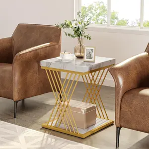 TRIBEWOOD Square End Table White Gold 2-Tier Side Table Modern Small Bedside Tables with Storage for Couch, Sofa Chairside Tables with Stylish Metal Frame for Living Room(1, Faux Marble White+Gold)