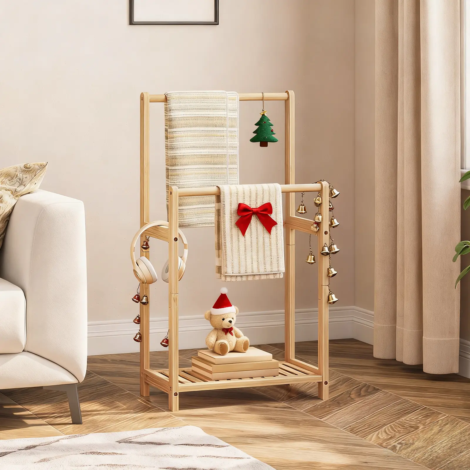 HOOBRO Free Standing Towel Rack for Bathroom, 2 Tier Blanket Rack, 16.5" L x 9.4" W x 31.5" H, Blanket Holder, Drying and Display Rack with Shelf #SummerVibes