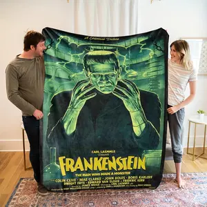 Green flannel Blanket, Vintage Frankenstein Monster Movie Poster Design, Soft Cozy Durable Flannel Fabric, All-Season Throw for Home Decor Bed Couch & Horror Film Fans, Machine Washable, Decorative Living Room, Classic Horror Theme