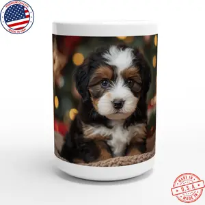 [Sale off up to 50%] White 15oz Ceramic Christmas Mug (Bernedoodle puppy)