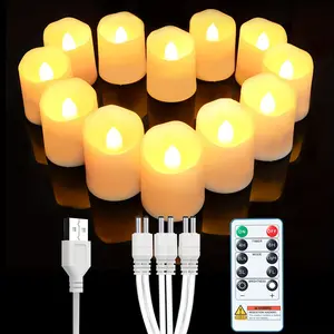 12pcs Rechargeable Flameless Votive Candles with Remote & Timer, USB- Electric Tea Lights, Realistic Flickering Flame Effect, 30H Runtime, Infrared, Bright Warm White (No /Easy Setup) for, Parties,