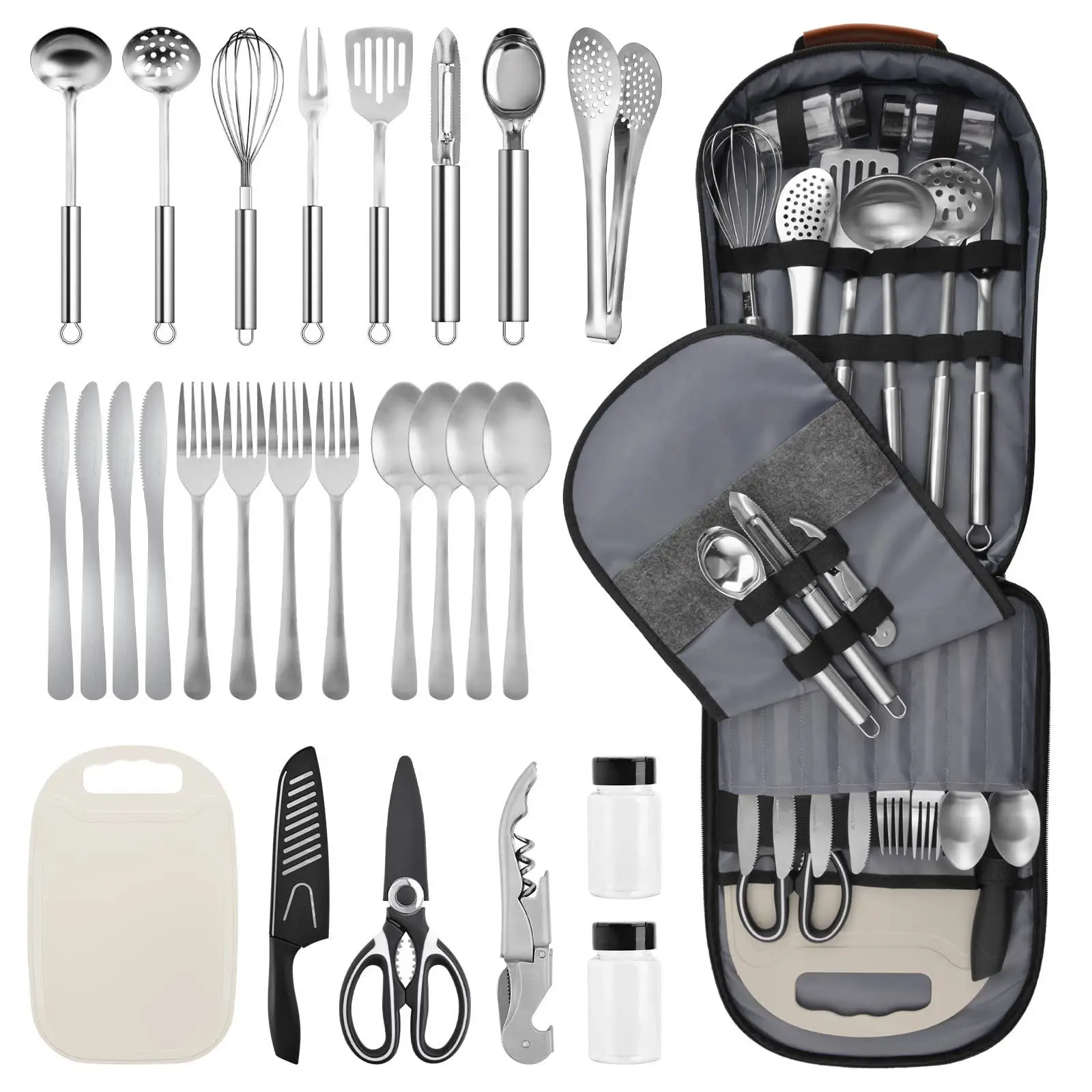 27 Pcs Camp Kitchen Cooking Utensil Set Cookware Kit - Travel Organizer Grill Accessories Portable Compact Gear for Backpacking BBQ, Dark Gray Camo