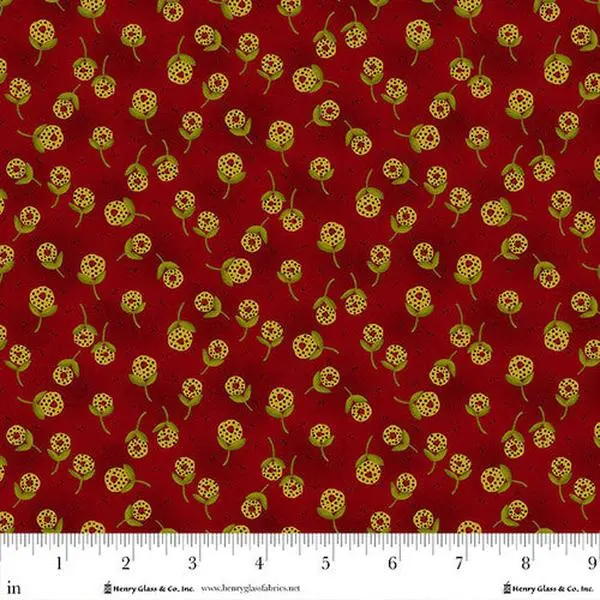 Fabric Henry Glass Cranberry Dandelion Orbs Baubles & Balsam by the Quarter Yard 981-88