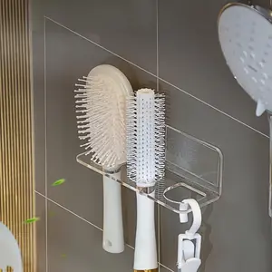 Acrylic Bathroom Comb Holder, Wall Mounted No-drill Storage Rack for Vanity, Clear Transparent Organizer for Hair Brushes and Toiletries, Toothbrush Holder