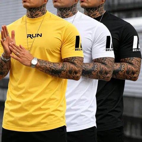 Men's Slim-Fit Fitted Graphic T-Shirts - Short-Sleeve Athletic Tops, Elastic Breathable Fabric, Multi-Color Options, for Gym Workout & Daily Leisure