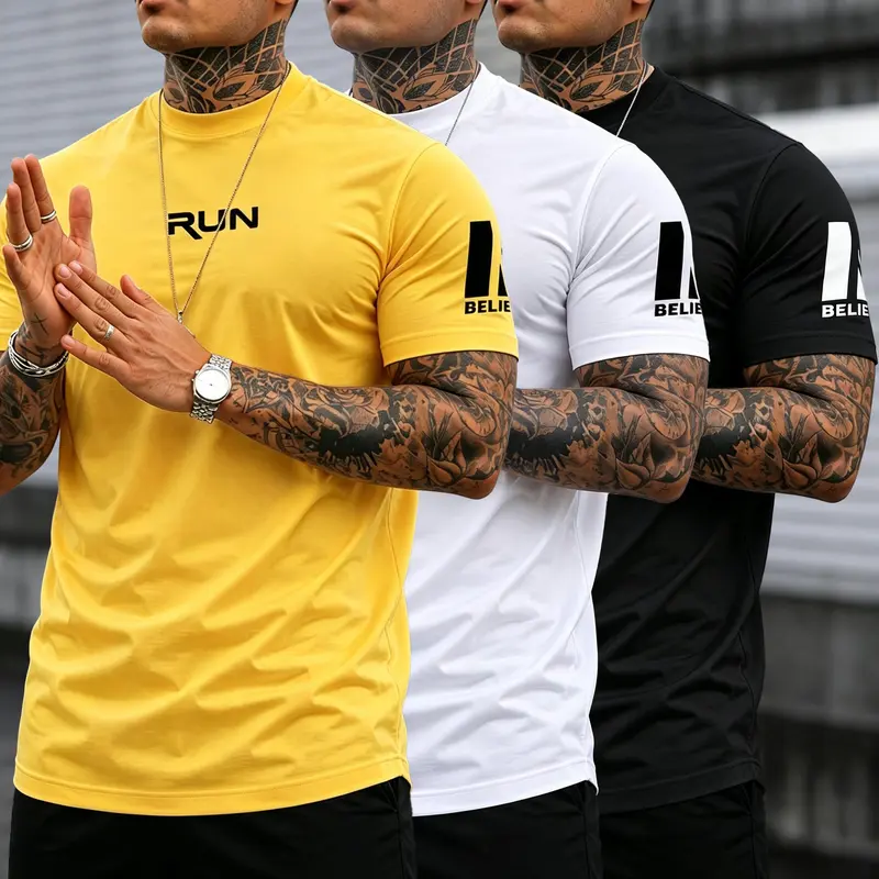 Men's Slim-Fit Fitted Graphic T-Shirts - Short-Sleeve Athletic Tops, Elastic Breathable Fabric, Multi-Color Options, for Gym Workout & Daily Leisure
