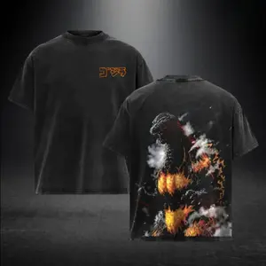 Burning Godzilla Gojira Vintage Washed Graphic T-Shirt, Classic Movie Oversized Streetwear Tee, Premium Cotton Seamless Straight Fit Casual Top, Retro Designer Apparel Gift for Godzilla Movie Fans Men