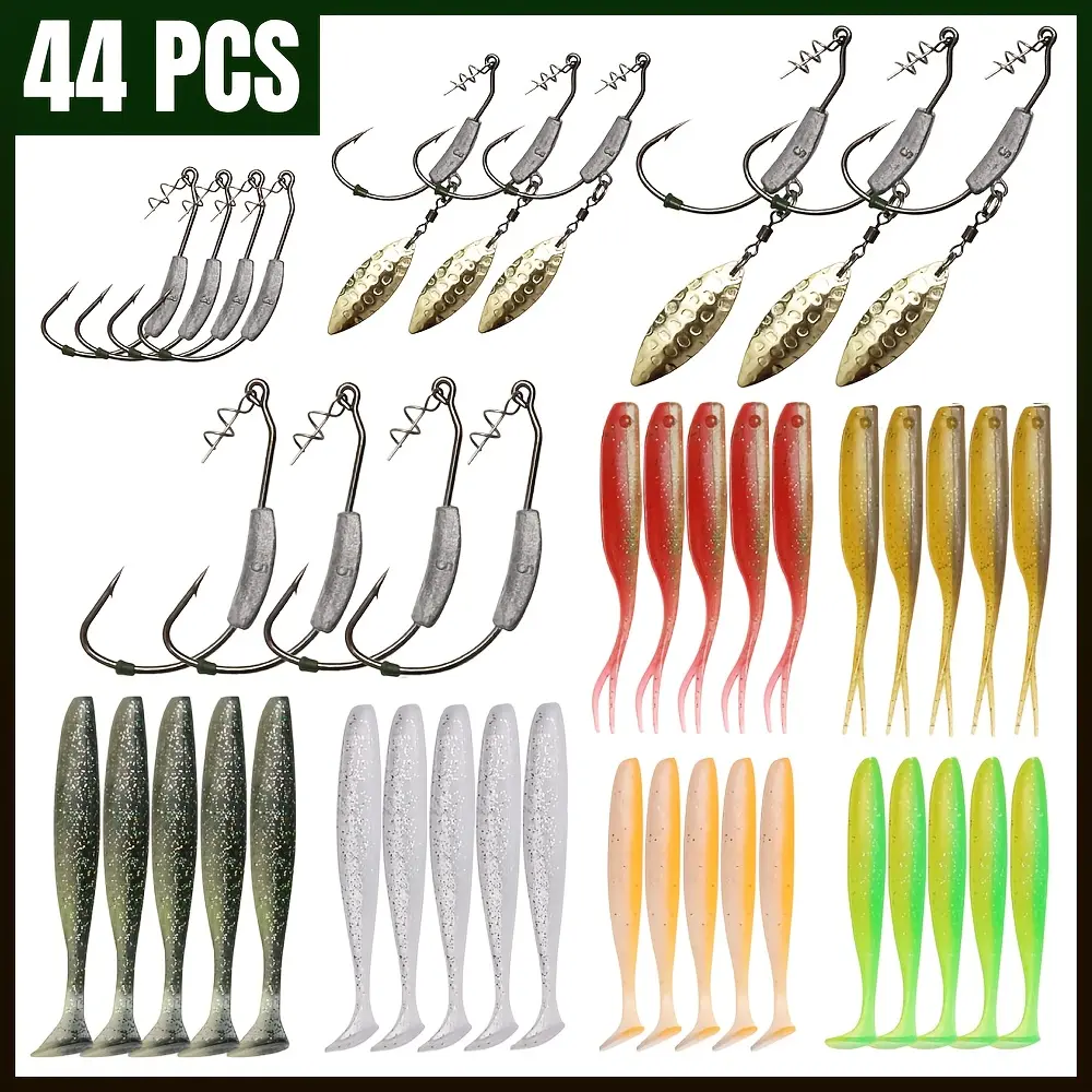 44PCS Weighted Swimbait Hooks with Soft Lures Set, Carbon Steel High-Strength Corrosion-Resistant Offset Hooks for Bass Fishing (Saltwater & Freshwater Use), Carbon Steel Hooks
