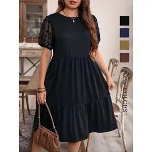Plus Size Solid Color Contrasting Mesh Dress, Summer Casual Round Neck Short Sleeve Dress, Daily Wear Women’s Plus Size Clothing GARMENTARY