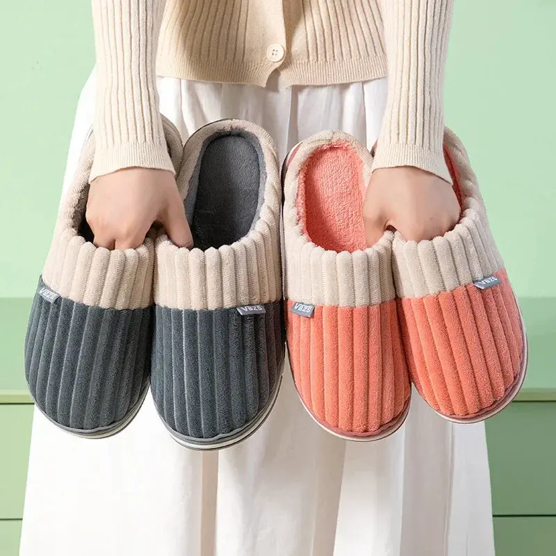 Winter Shoes Women Cotton Slippers For Men Indoor House Warm Plush Footwear Non-Slip Platform Slippers