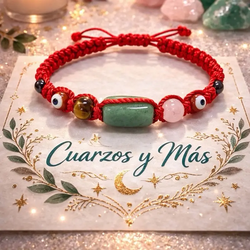 Pulcera 5 Proteciones con cuarzo Aventurina Verde Hilo color rojo
