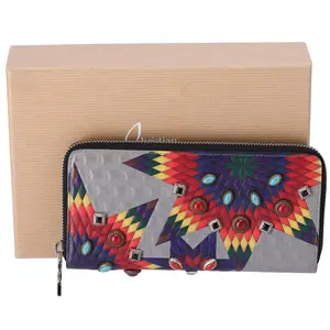 Pre-owned christian louboutin Rayon small leather goods Wallet Multicolor Geometric Classic Panettone Long Wallet Gray Red Multi Leather Beaded