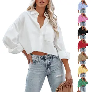 Tankaneo Womens Button Down Cropped Shirts Long Sleeve Casual Crop Tops Solid Lapel Blouse Shirt with Chest Pocket