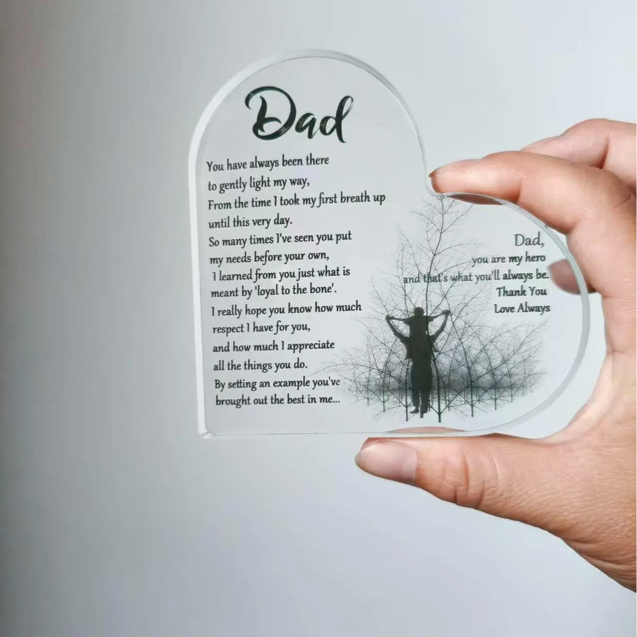 Acrylic Heart Plaque Sign - Engraved "My Hero" Poem Keepsake, Dad Gift with Large LED Digital Motion Sensor Clock, Gold Home Wall/Desk Decor, Father's Day Birthday Presents, Father's Day Gifts