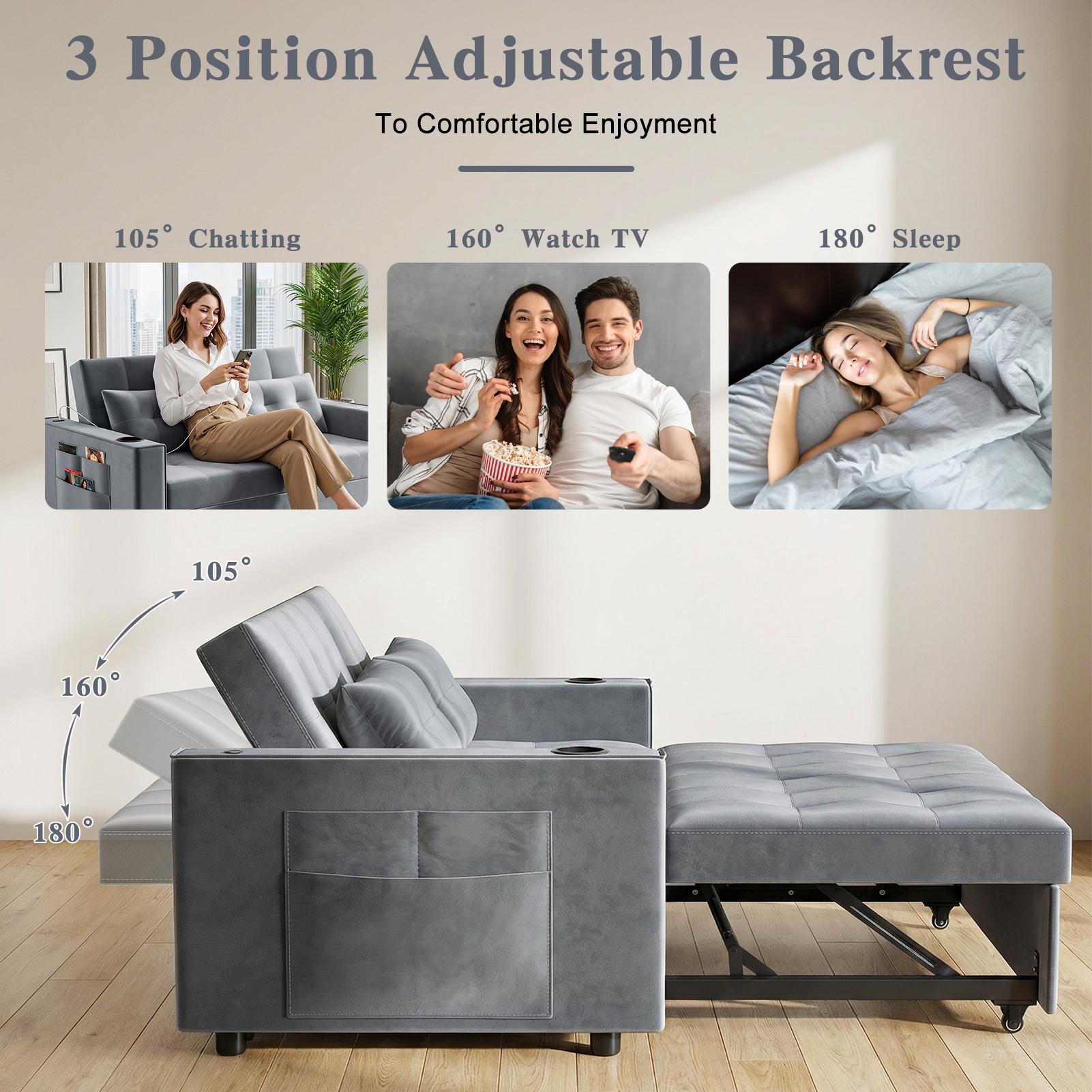 Explorinox 3-in-1 Convertible Sofa Bed Velvet Loveseat Sleeper with Adjustable Backrest Cup Holders Side Pockets USB Ports 2 Pillows Grey for Living Room