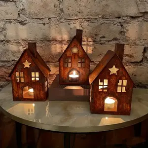 Rust-Colored Star-Patterned House Metal Candle Holder, Weathered Look Lantern for Home Decor, Perfect Housewarming Gift for Mother's Day and Easter