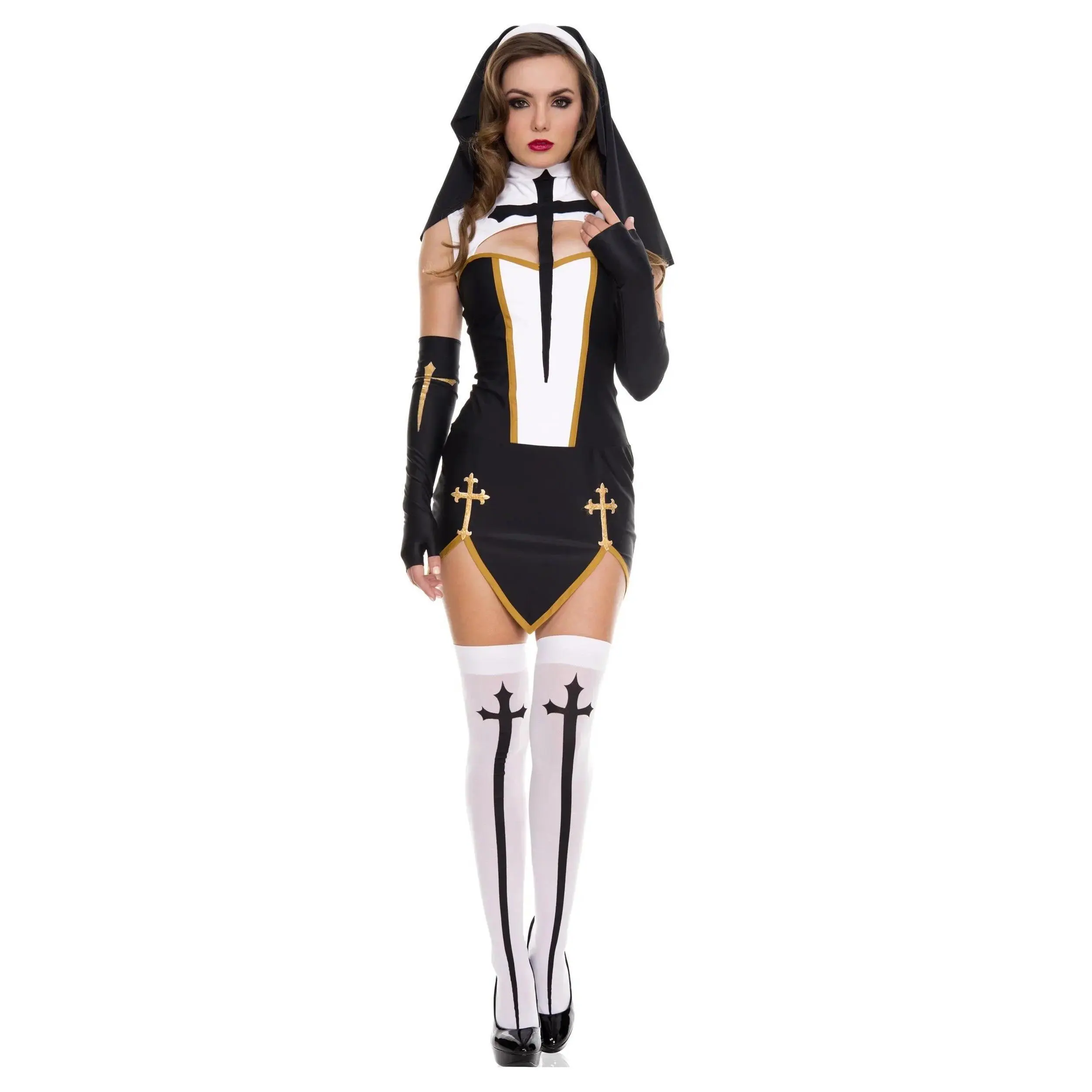 Women's Sexy Nun Cosplay Costume Adulto Purim Carnival Halloween Fantasia Fancy Dress Up
