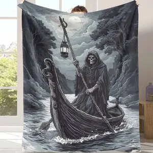 Grim Reaper Flannel Blanket, Eerie Boat Ride Print, Cozy and Soft, Lightweight, Warm, FadeResistant, Suitable for Halloween Decor, Gothic Theme Parties, Spooky Movie Nights, Dorm Room Essentials, Haunted House Decoration, Halloween Gift Ideas.